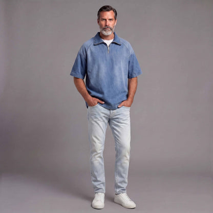 Men's Distressed Denim Short-Sleeve Shirt With Zipper Collar