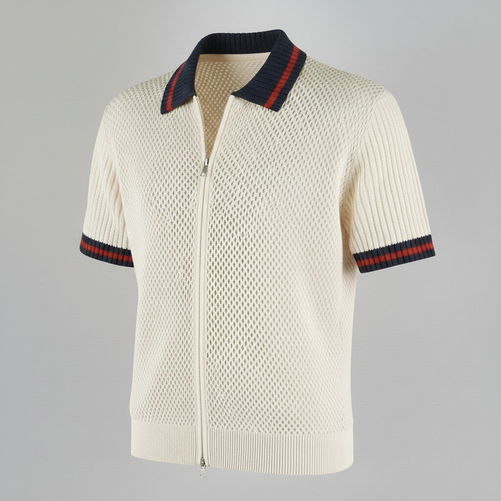 Men's Beige Zipper Contrast Binding Ribbed Turndown Collar Short Sleeve Shirt