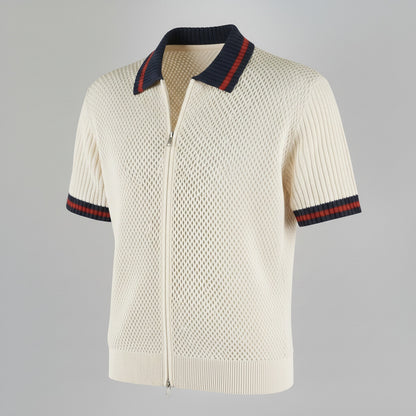 Men's Beige Zipper Contrast Binding Ribbed Turndown Collar Short Sleeve Shirt