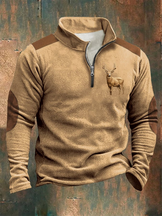 Western Style Printed Stand Collar Zipper Men's Sweatshirt