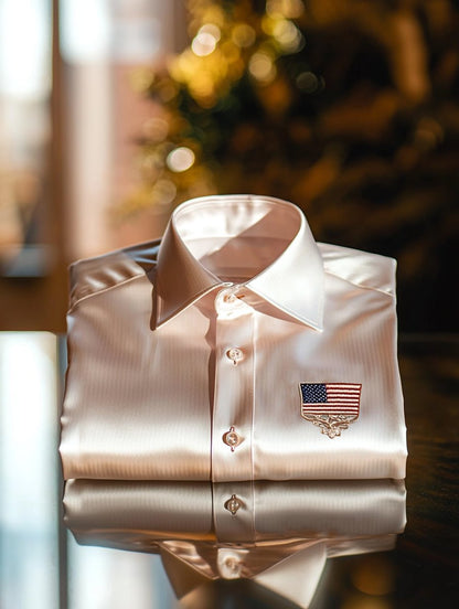 Men's Satin Independence Day Business Stripe Casual Short Sleeve Butto