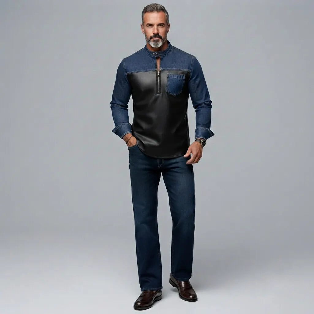 Men's Denim PU Leather Patchwork Stand Collar Half Zip Chest Pocket Slim Fit Shirt
