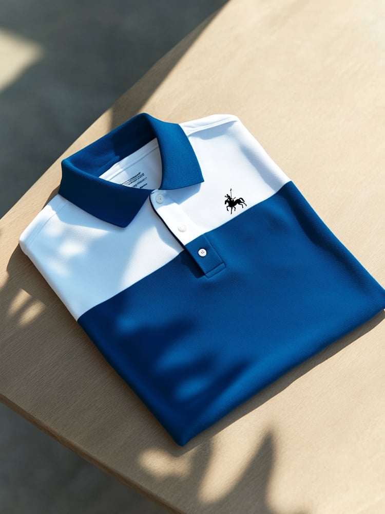 Men's Business Casual Blue and White Block Logo Button Short Sleeve Polo Shirt
