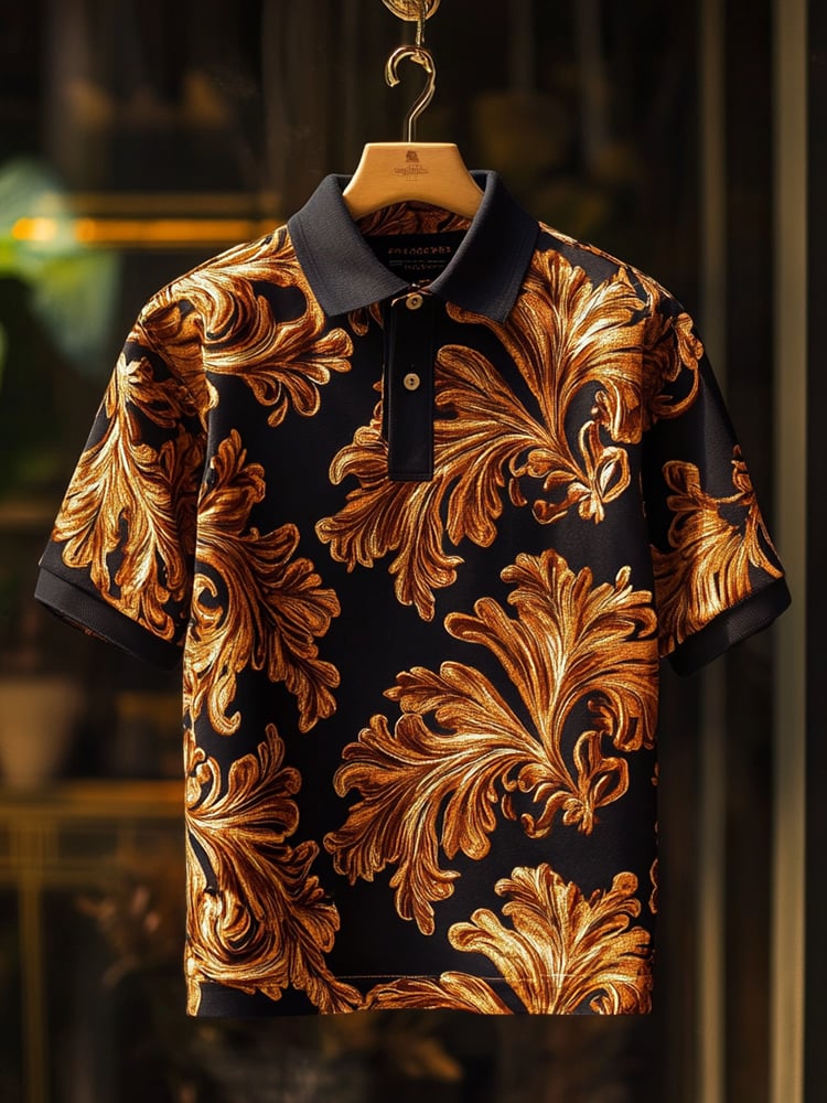 Men's Classic Business Check Logo Button Short Sleeve Polo Shirt