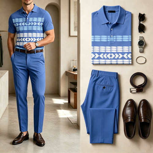 Men's Casual Blue And White Striped Printed Short-Sleeve Polo Shirt And Pants Set (Excludes Accessories Such As Watches And Belts)
