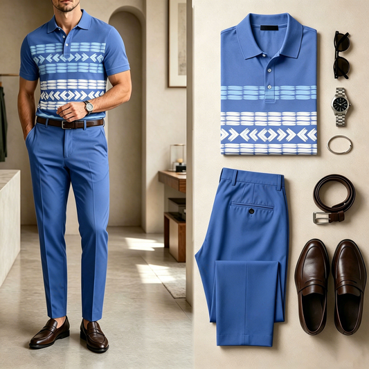 Men's Casual Blue And White Striped Printed Short-Sleeve Polo Shirt And Pants Set (Excludes Accessories Such As Watches And Belts)