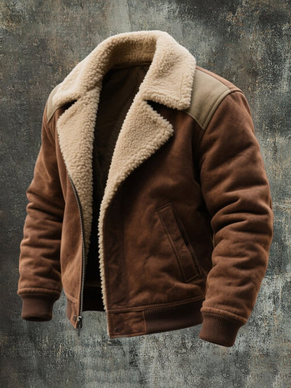 Men'S Vintage Suede Colorblock Lambswool Lapel Jacket