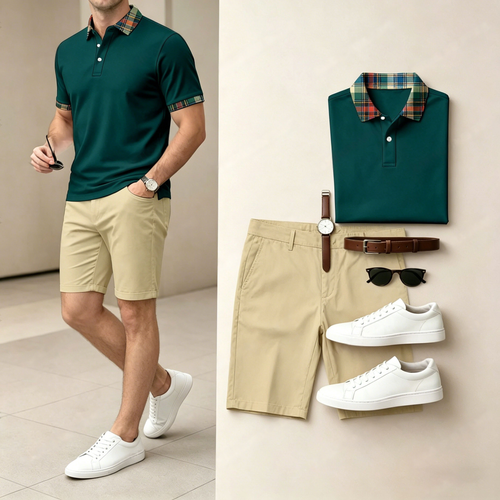 Men's Casual Checkered Contrast-Collar Printed Polo Shirt And Shorts Two-Piece Set (Watch, Belt, And Accessories Not Included)