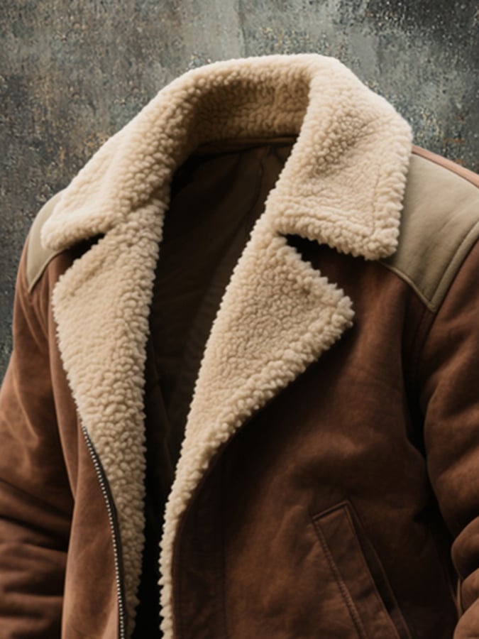 Men'S Vintage Suede Colorblock Lambswool Lapel Jacket