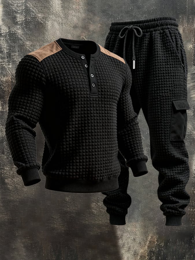 Men's Waffle Panel Contrast Color Henry Casual Sweatshirt Set