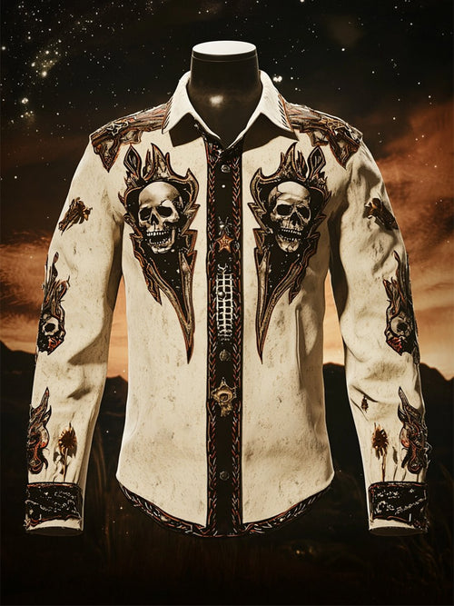 Men's Retro Casual Skull Print Long Sleeve Shirt