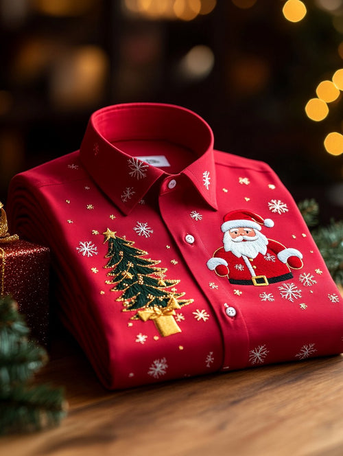 Men's Business Retro Christmas Evergreen Pine Snowflake Santa Claus Print Long Sleeve Shirt
