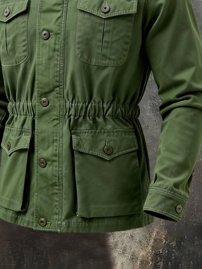 Men'S Vintage Washed Cotton Utility Jacket With Waist-Cinching Detail