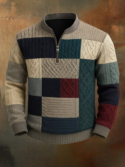 Men'S Casual Retro Contrast Color Half Zip Stand Collar Long Sleeve Sweatshirt
