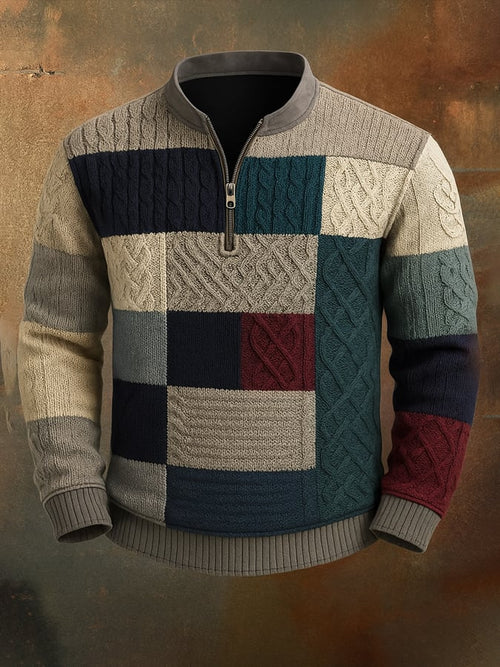 Men'S Casual Retro Contrast Color Half Zip Stand Collar Long Sleeve Sweatshirt