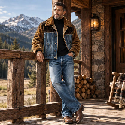 Men's Colorblock Single Breasted Multi-Pocket Denim Patchwork Fluffy Jacket