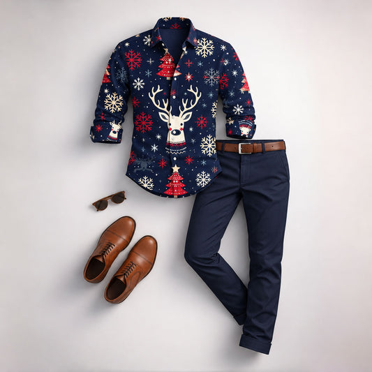 Men's Christmas-themed Long-Sleeve Shirt and Pants Set