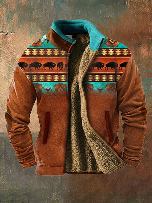 Men's vintage western hunting patchwork warm fleece jacket