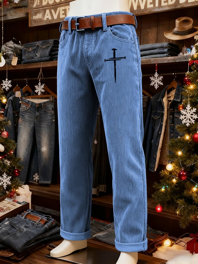 Men's Vintage Faith Cross Design Corduroy Casual Pants