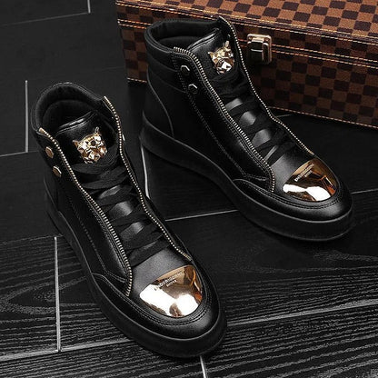 Men's Casual Solid Zipper Metal Decor Lace Up High Top PU Leather Martin Boots