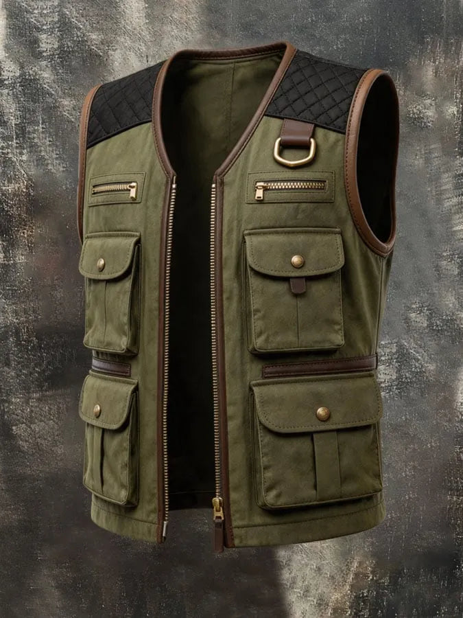 Men's Vintage Multi-Pocket Paneled Leather Utility Vest Jacket