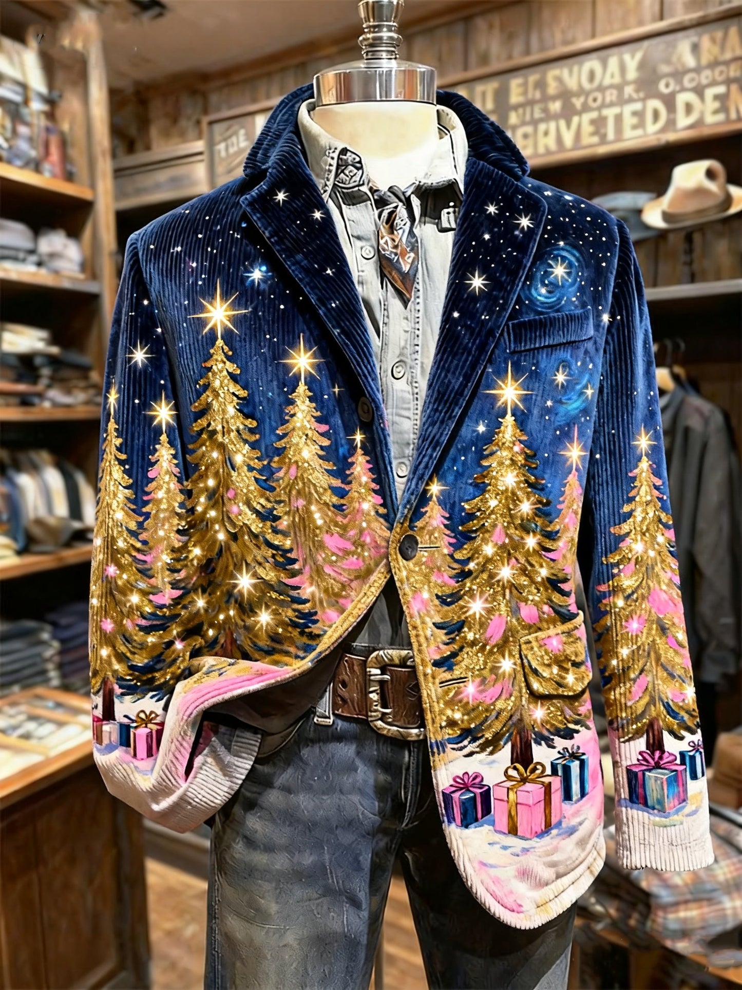 Men's Vintage Christmas Tree Print Casual Jacket
