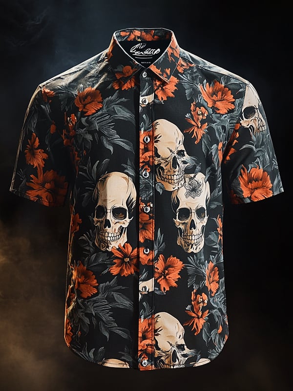 Men's Vintage Skull and Floral Short Sleeve Shirt