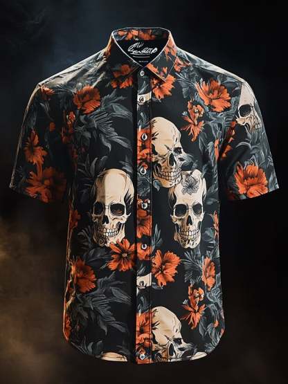 Men's Vintage Skull and Floral Short Sleeve Shirt