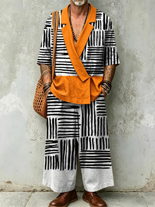 Men's Abstract Art Print Casual Linen Suit Collar Short-sleeved Top And Pants Two-piece