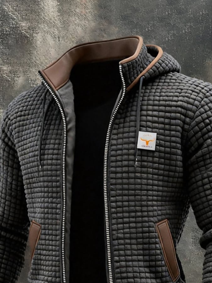 Men's Retro Textured Grid Multi-Pocket Outdoor Jacket