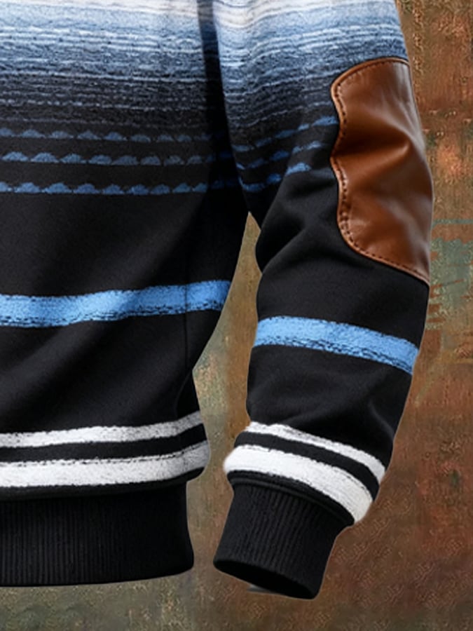 Men's Retro Color Block Print Casual Fur Collar Sweatshirt