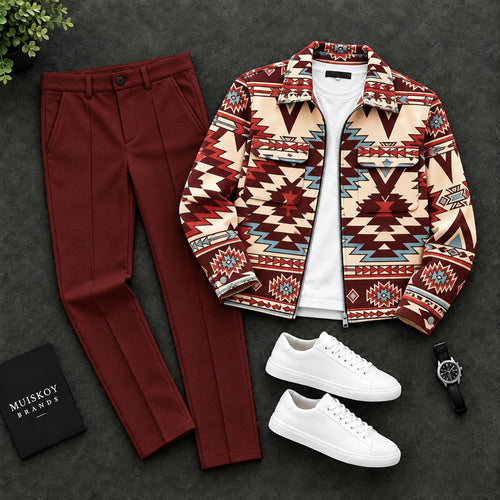 Men's Abstract-Print Two-Piece Set with Lapel Jacket and Pants