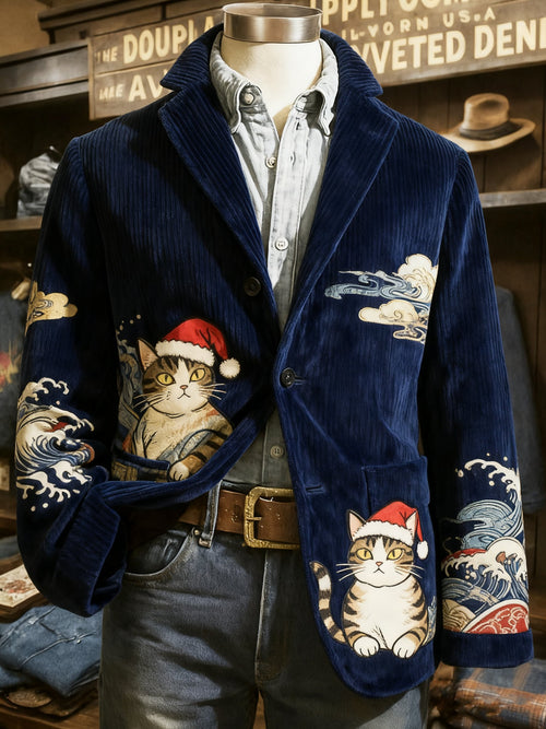 Vintage Ukiyo-e Christmas Cat Santa Reindeer Snowflakes Print Casual Jacket