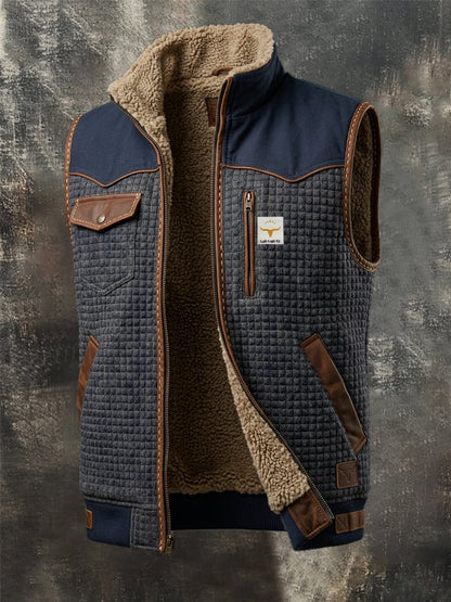Men's Vintage-Style Textured Jacquard Knit & Leather-Panel Outdoor Warm Hooded Vest