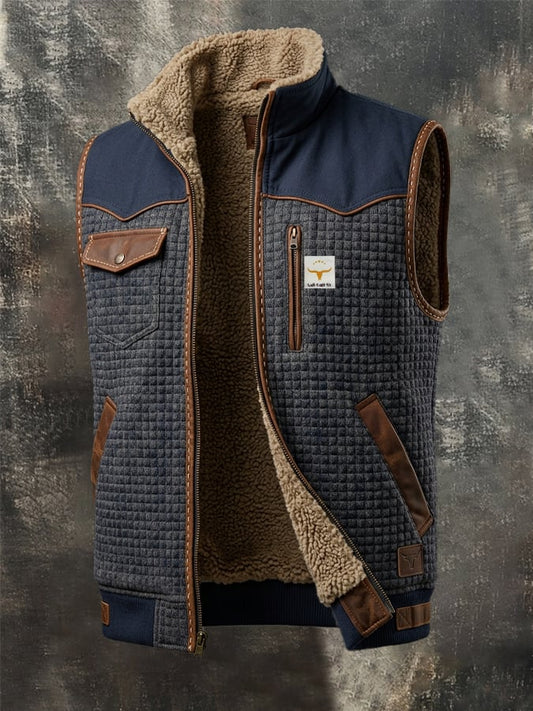 Men's Vintage-Style Textured Jacquard Knit & Leather-Panel Outdoor Warm Hooded Vest