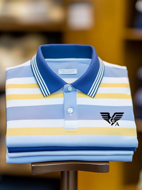 Men's Classic Business Check Logo Button Short Sleeve Polo Shirt