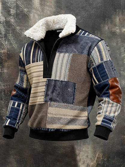 Men's Retro Color Block Print Casual Fur Collar Sweatshirt