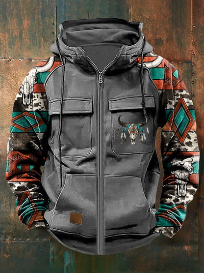 Men's Vintage Western Print Multi-Pocket Jacket