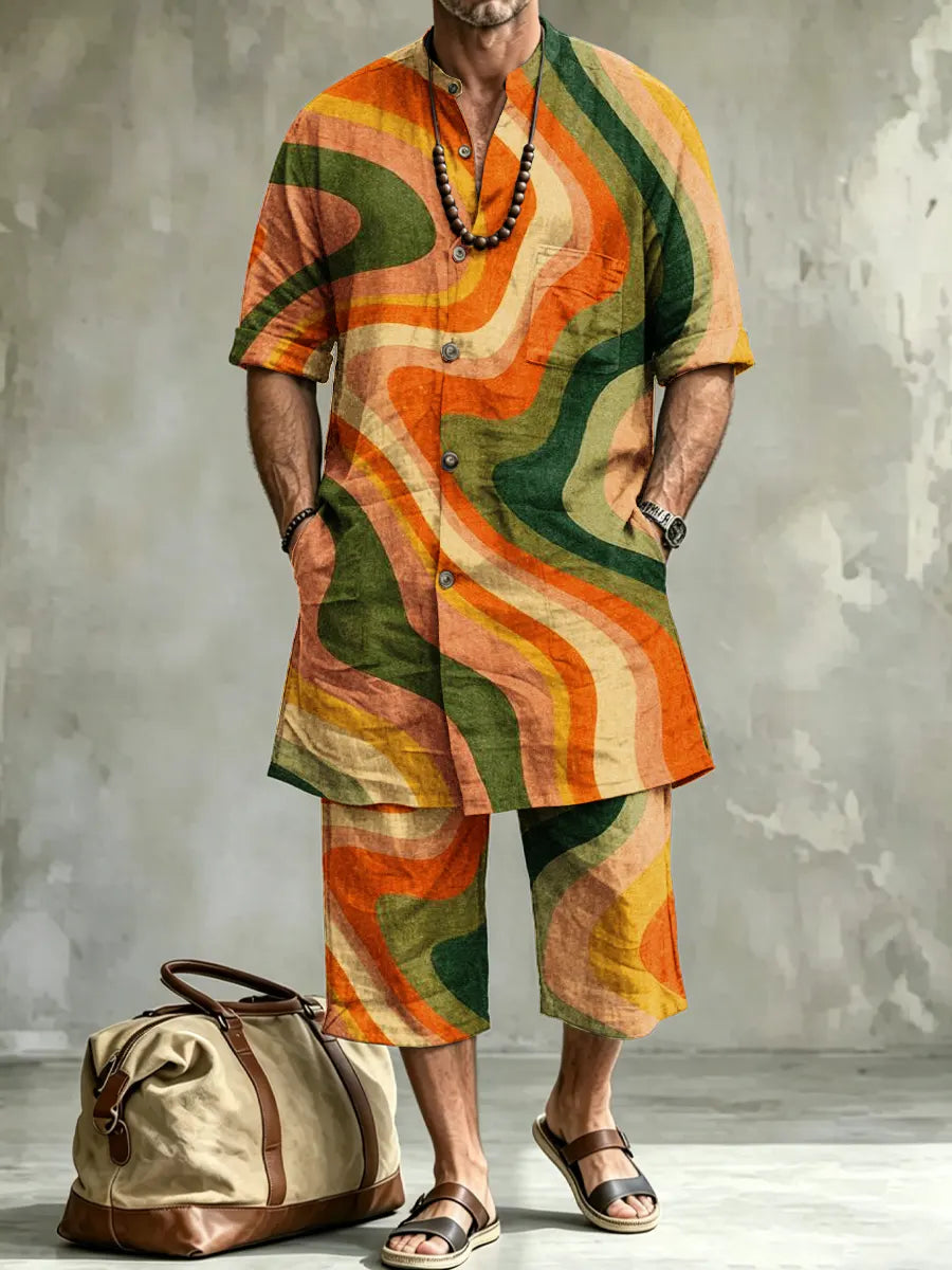 Men's Abstract Art Print Casual Short-sleeve Linen Top Shorts Two-piece