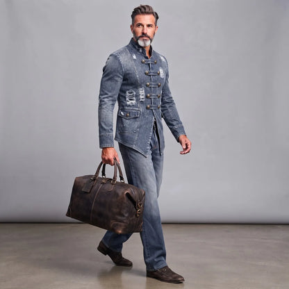 Men's Blue Vintage Distressed Washed Denim Ripped Stand Collar Single Breasted Slim Fit Jacket