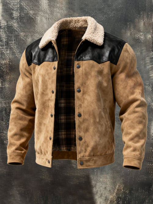 Men's Retro Contrast Plaid Lined Splicing Fur Lapel Jacket
