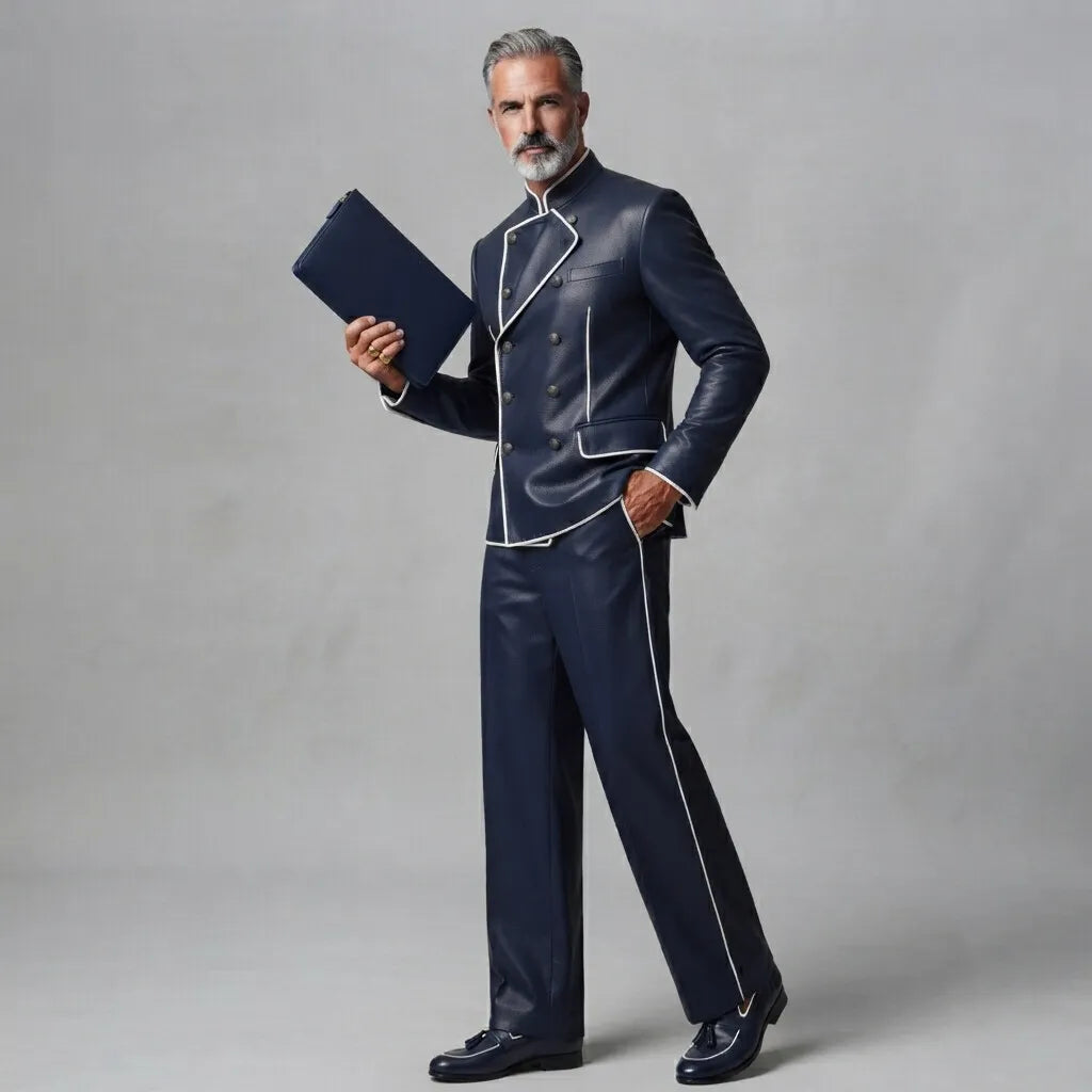 Men's Navy Blue PU Leather Stand Collar Contrast Piping Double-Breasted Jacket