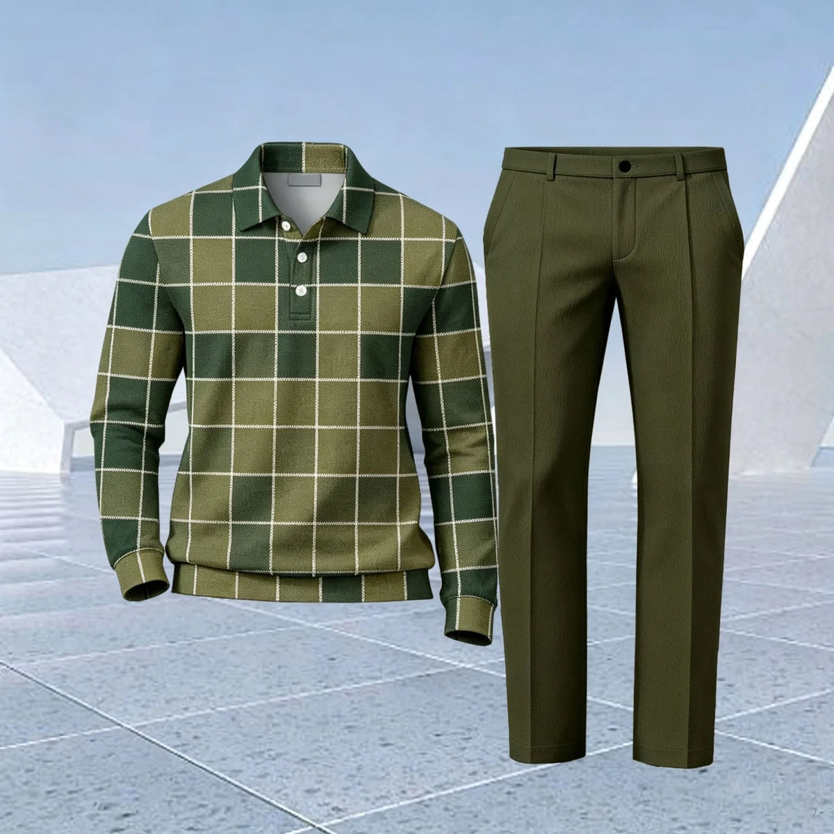 Men's Two-Piece Set: Color-Blocked Checkered Polo Shirt and Pants