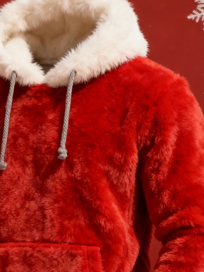 Men's Warm Plush Stitching Contrast Color Christmas Hooded Sweatshirt