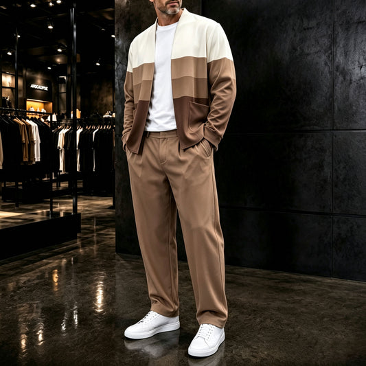 Men's Two-Piece Set: Color-Blocked Cardigan and Pants