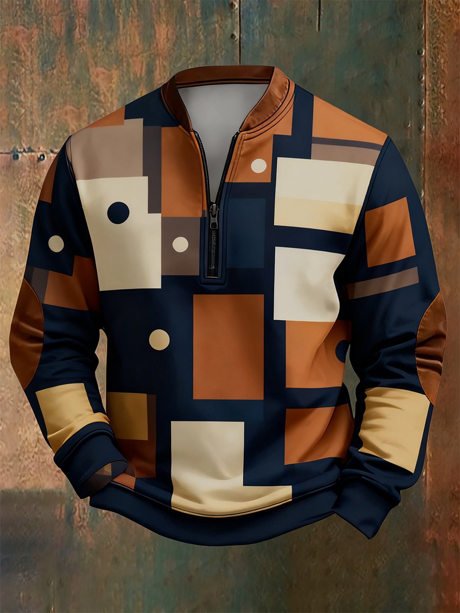 Men's Retro Bauhaus Geometric Style Print Quarter Zip Sweatshirt