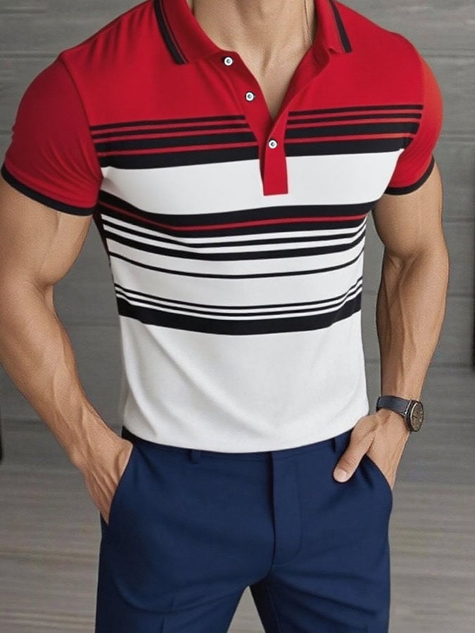 Men'S Casual Classic Striped Print Business Short-Sleeved Polo Shirt