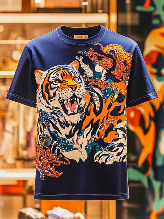 Men's Tiger Sequin Business Print Short Sleeve T-Shirt