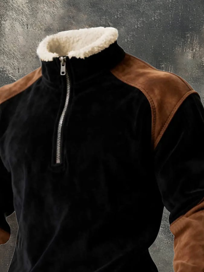 Men's Warm Suede Paneled Contrast Color Half Zip Stand Collar Sweatshirt