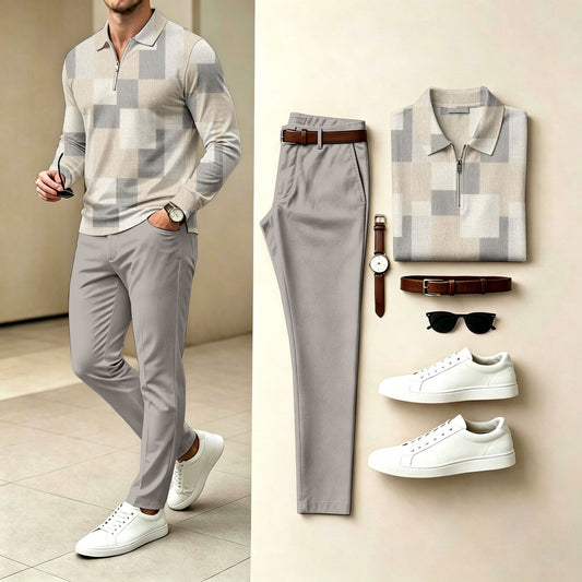 Men's Checkered Polo-Collar Zipper Long-Sleeve Shirt and Pants Two-Piece Set